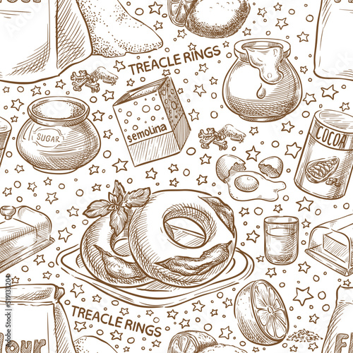 Christmas baking Seamless. Ingredients. Treacle rings. Malta
