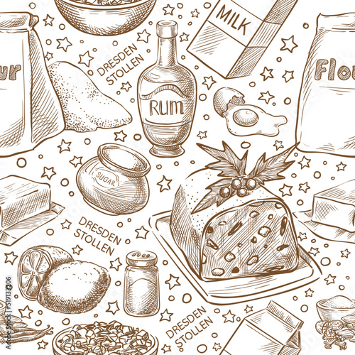 Christmas baking seamless. Ingredients.Dresden stollen. Germany