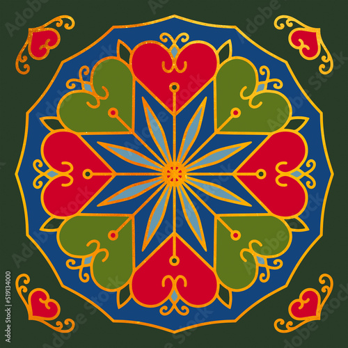 Golden floral mandala with hearts, folk and geometric elements. Ethnic old ornament. Seamless pattern for the tile