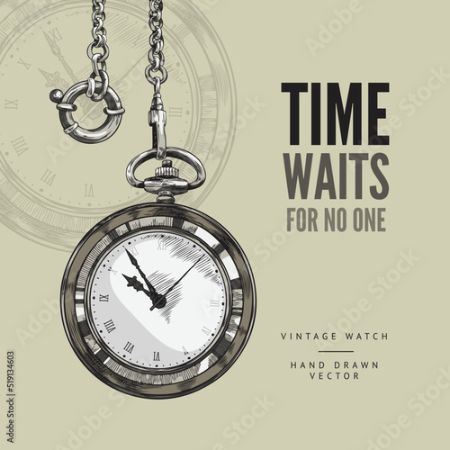 Squared banner with hand drawn pocket watch on chain sketch style