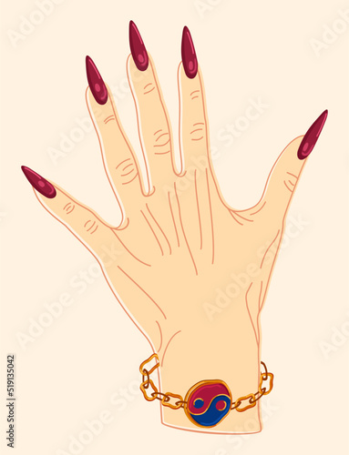 Vector isolated illustration of female hand with long red nails and ying-yang bracelet.