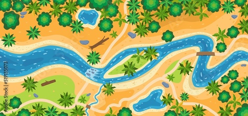 Forest landscape with river. Top view. Beautiful template with trees, shore and water. Colorful design element for mobile game interface or print. Map with canyon. Cartoon flat vector illustration