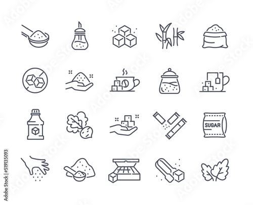 Set of Sugar Thin Line Icons. Sugar cubes, sugar cane, syrup and sweeteners for drinks. Design elements for social network and application. Cartoon flat vector collection isolated on white background