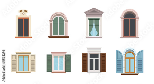 Big set of different windows. City windows in retro style. Isolated on a white background.