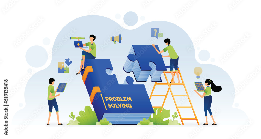 Illustration of people learn to find solutions to problems by teamwork and collaboration with education and learning. Design can be for landing page website poster banner mobile apps web social media