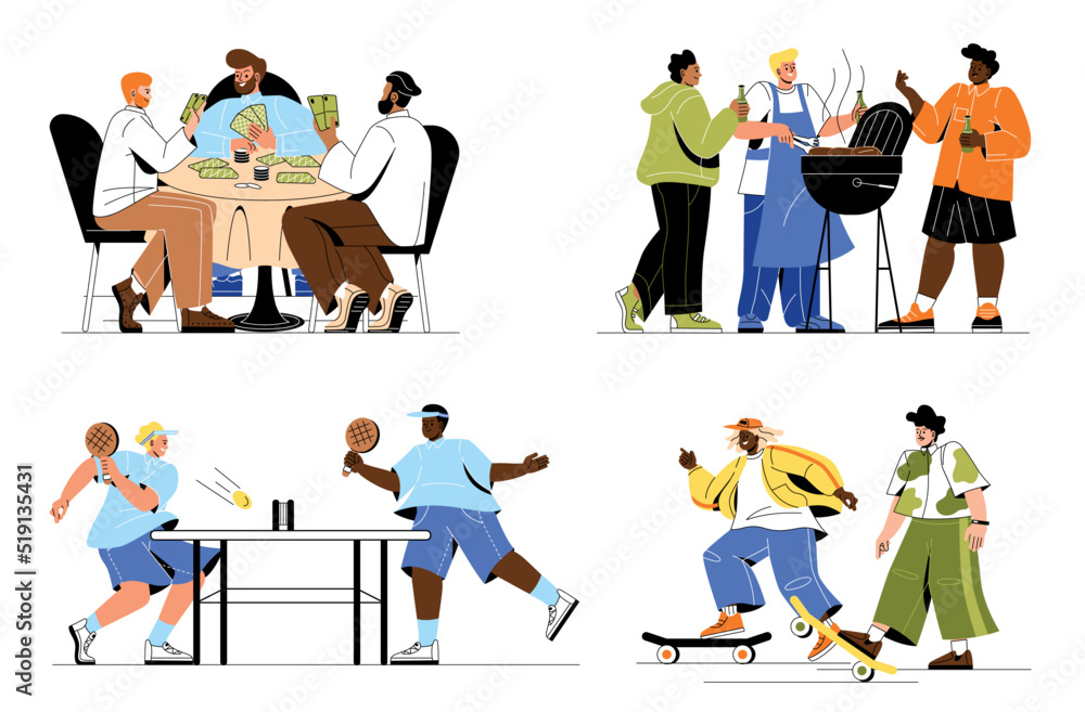 Naklejka premium Set of people relaxing together at leisure time. Happy friends play cards, barbecue meat, play tennis and skateboarding. Male friendship. Cartoon flat vector collection isolated on white background