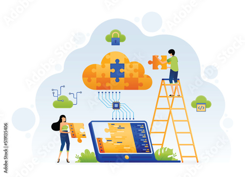Illustration of people solve problems on tech cloud systems with cooperation and collaboration in app development. Design can be for landing page website poster banner mobile apps web social media ads