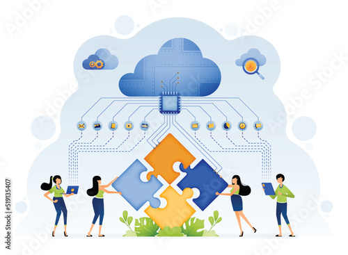 Illustration of people assisted by artificial intelligence solve puzzle problems with machine learning in cloud databases. Design can be for landing page website banner mobile app web social media ads