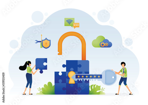 Illustration of people trying to solve the puzzle of security problems with data security and encryption technology. Design can be for landing page website poster banner mobile apps web social media