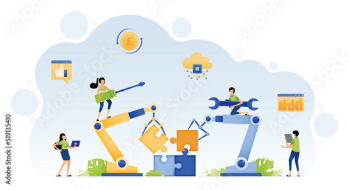 Illustration of people make artificial intelligence tech with machine learning to control robot in puzzle problem solving. Design can be for landing page website poster banner flyer mobile app web ads