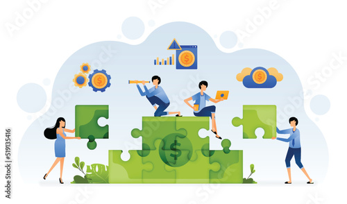 Illustration of people put together money puzzles to metaphorically solve financial problems by saving and investing. Design can be for landing page website poster banner mobile apps web social media