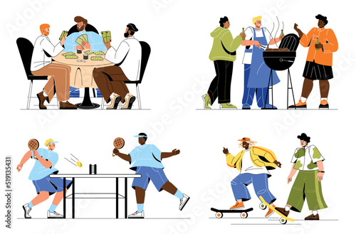 Set of people relaxing together at leisure time. Happy friends play cards, barbecue meat, play tennis and skateboarding. Male friendship. Cartoon flat vector collection isolated on white background