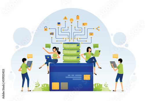 Vector design of financial activities processed in database system for curating credit card loan applications. Illustration can be for landing page website web poster banner mobile app social media ad