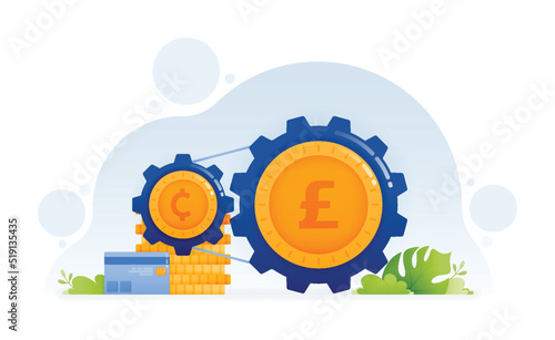 Design of small coins spinning big coins on conveyor belts metaphor of investment finance system and growing economy. Illustration can be for landing page website web poster banner mobile apps ads