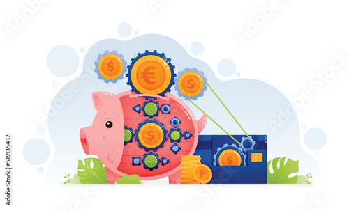 Design of piggy bank with gear rotates a coin on a credit card metaphor of a large peg from a pole. Waste on debt. Illustration can be for landing page website web poster banner mobile apps flyer ads