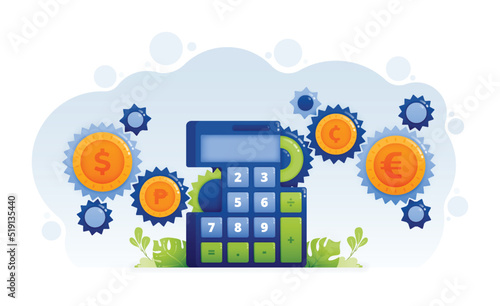 Design of rotating gears move parts of calculator metaphor of financial and accounting mechanisms in company reports. Illustration can be for landing page website web poster banner mobile apps flyer