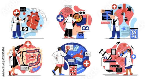 Set of sections of medicine. Male and female doctors. Cardiologist, neurologist, gastroenterologist and pulmonologist conduct diagnosis. Cartoon flat vector collection isolated on white background