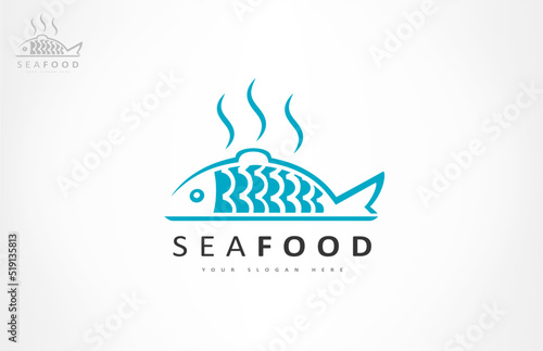 Seafood logo vector. Fresh cooked fish on a tray vector.