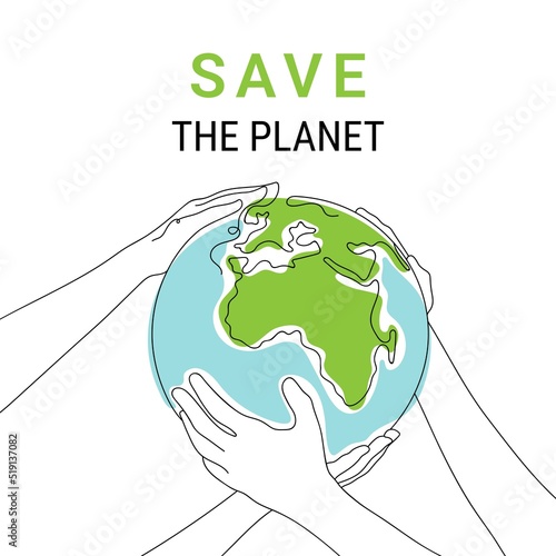 Linear illustration of Global Environmental protection. One endless Line. Environmental social governance and Sustainable industry. ESG. Planet atmosphere protection. Vector illustration, Line art.