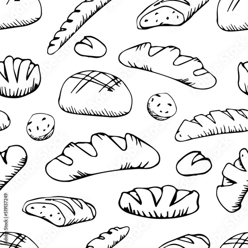 bread outline pattern. Drawing rye, whole grain and wheat bread, pretzel, muffin, pita bread, ciabatta, croissant, bagel, toast bread, French baguette for bakery menu decoration. Vector illustration.