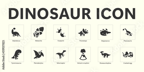The Dinosaur icons set. Vector illustration isolated on background. Dinosaurs minimalistic icons. Collection of ancient icons.