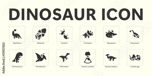 The Dinosaur icons set. Vector illustration isolated on background. Dinosaurs minimalistic icons. Collection of ancient icons.