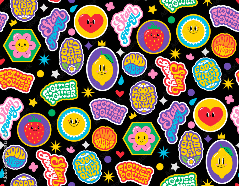 Stickers Pattern Background Seamless pattern with various retro patches, stamps, stickers, phrases ...