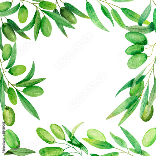Set wreath, frame branch olives on white background hand drawn illustration.