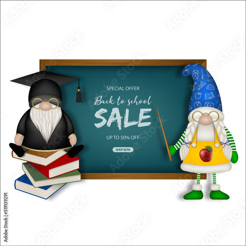 Back to school sale background with chalckboard and gnomes photo