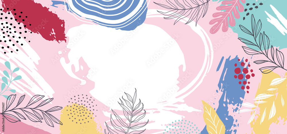 Design banner frame background .Colorful poster background vector illustration.Exotic plants, branches,art print for beauty, fashion and natural products,wellness, wedding and event.