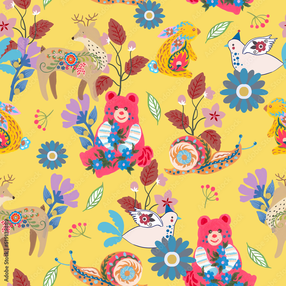 Fototapeta premium Seamless pattern with cute animals childish botanical garden wild field flower Suitable for design kid textile, wrapping paper, background