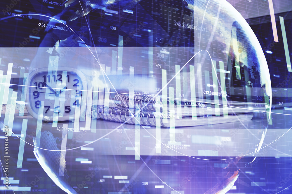 Multi exposure of business theme icons and table with computer background. Concept of success. Multi exposure of business theme icons and table with computer background. Concept of success.