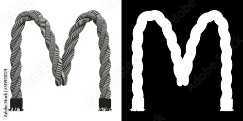 Letter M made of rope woven from white and black threads, isolated on white with clipping mask, 3d rendering