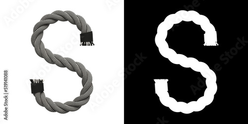 Letter S made of rope woven from white and black threads, isolated on white with clipping mask, 3d rendering