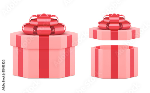 Pink open and closed festive polygon gift box with red bow ribbon anb bow 3d vector illustration