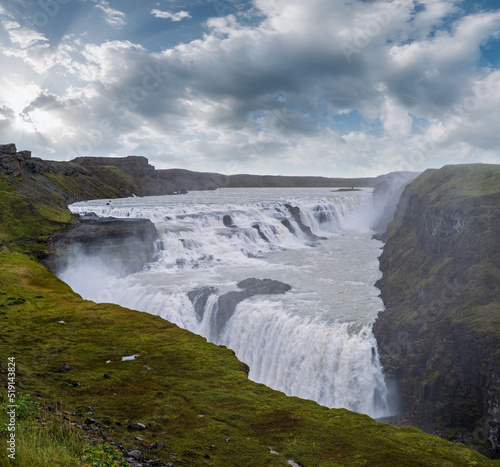 Picturesque full of water big waterfall Gullfoss autumn view, southwest Iceland.