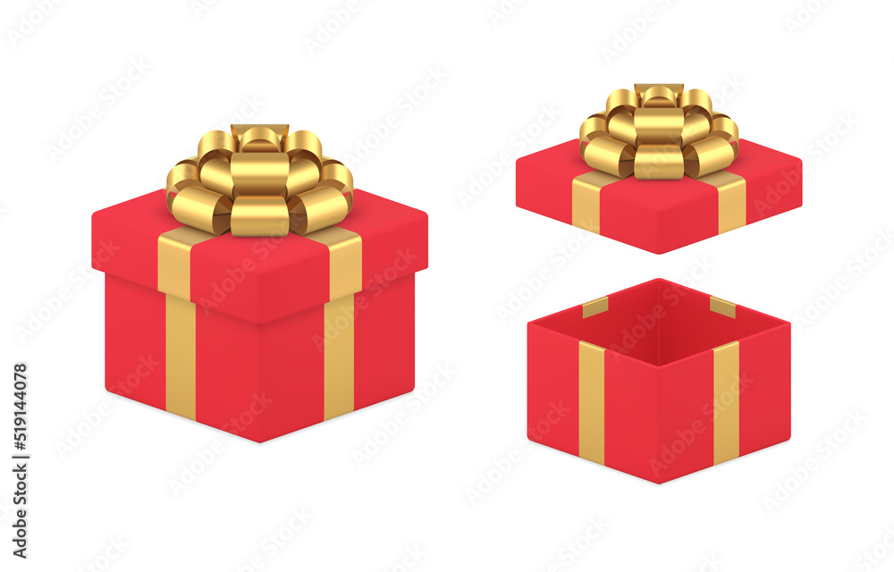 Unpacking set of luxury romantic squared red gift box decorated by golden bow ribbon vector Unpacking set of luxury romantic squared red gift box decorated by golden bow ribbon vector