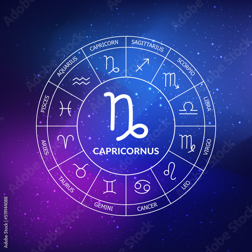 Capricorn zodiac sign. Zodiac circle on a background of the space
