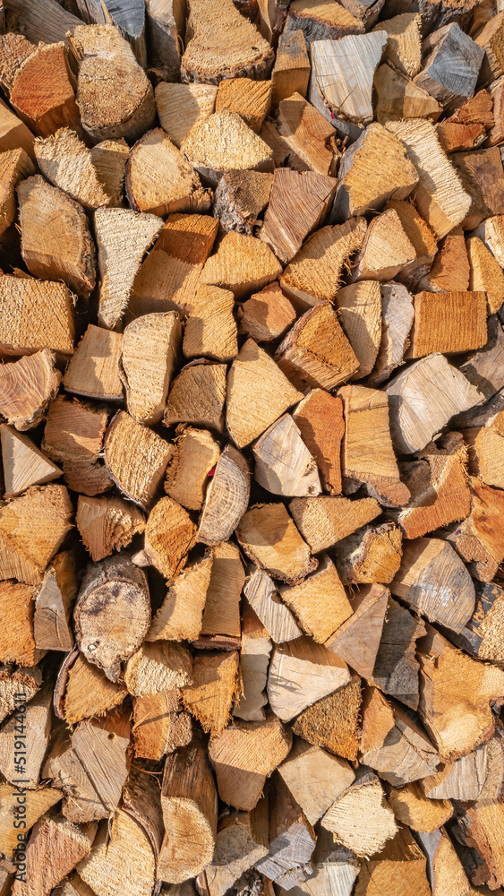 Big pile wall of pine tree firewood stocked at the forest border after logging as a background, details, closeup. Big pile wall of pine tree firewood stocked at the forest border after logging as a background, details, closeup.