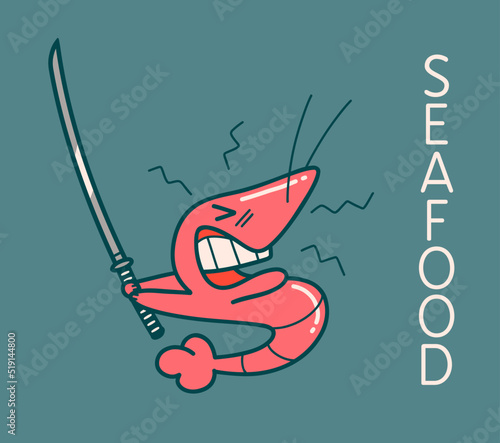 Cartoon shrimp with Japanese sword and seafood lettering. Vector illustration. 