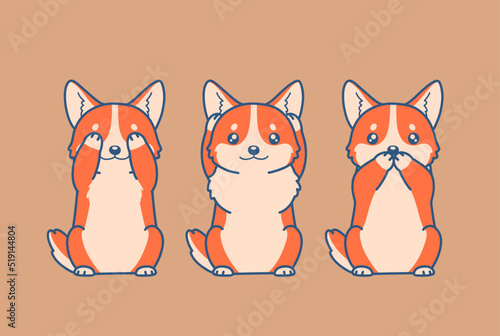 Three wise Welsh Corgi dogs illustration. Not see, not hear, not speak evil. Three wise cute series.