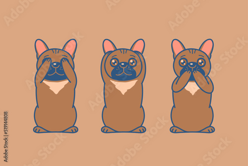 Three wise French bulldogs illustration. Not see, not hear, not speak evil. Three wise cute series.