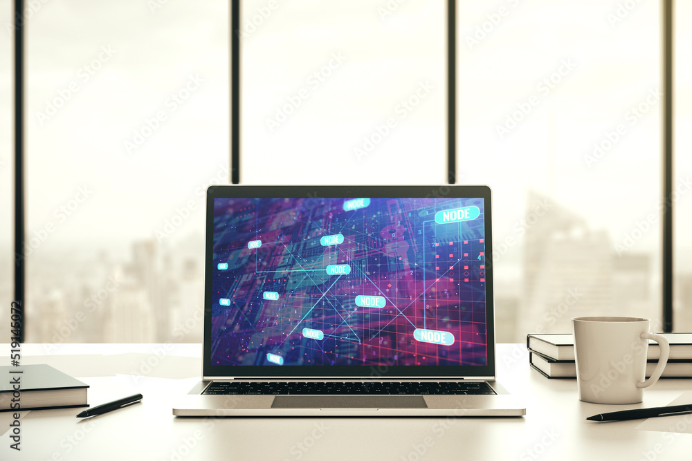 Modern computer screen with abstract creative coding sketch, artificial intelligence and neural networks concept. 3D Rendering Modern computer screen with abstract creative coding sketch, artificial intelligence and neural networks concept. 3D Rendering