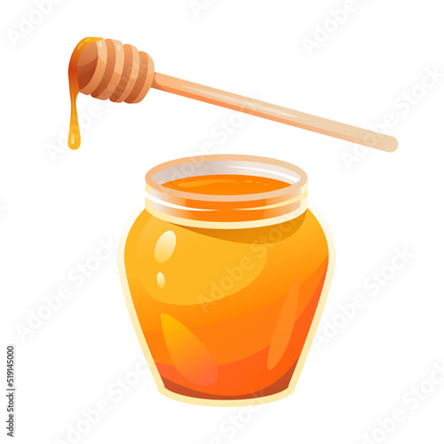 Honey in a glass jar. Dripping honey from the Honey Stick. Vector illustration
