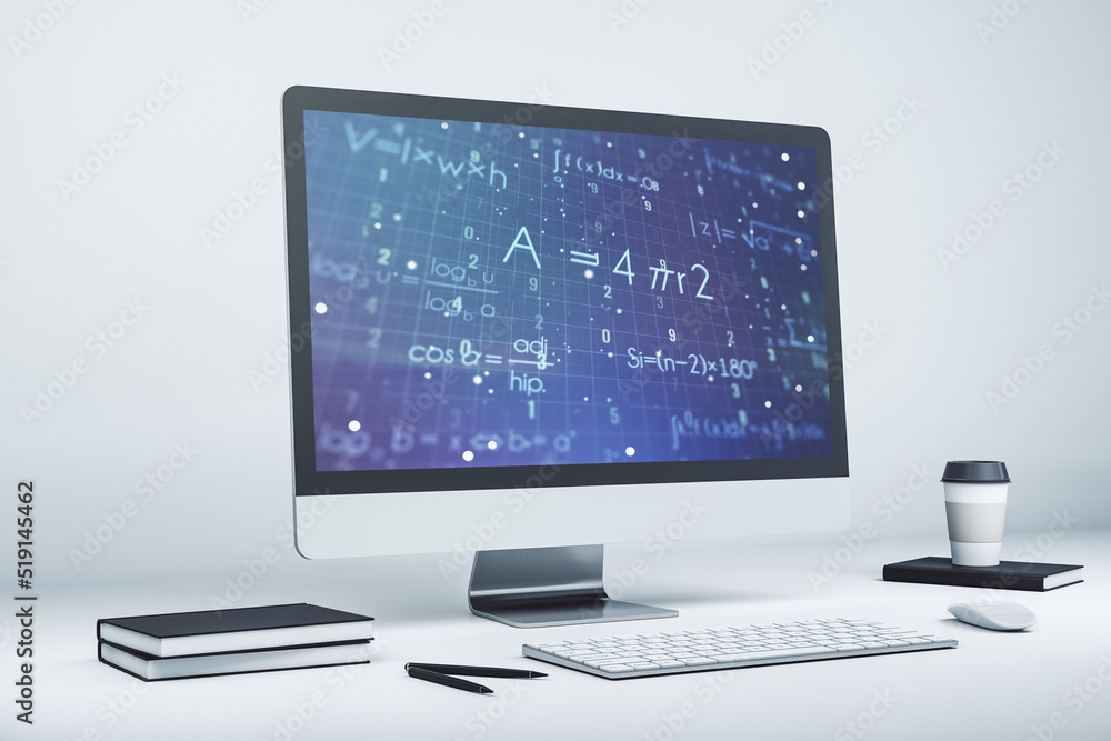 Creative scientific formula illustration on modern computer monitor, science and research concept. 3D Rendering