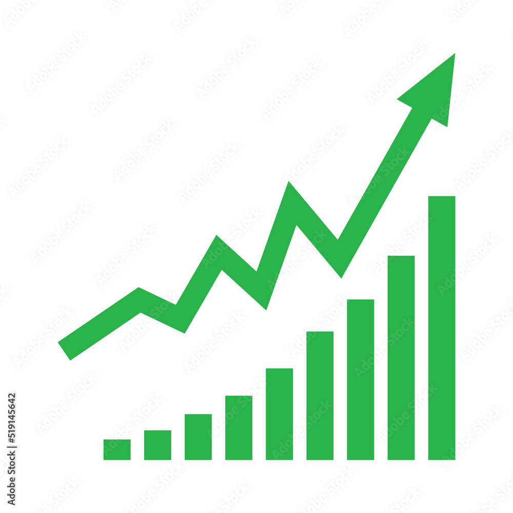 Growing business green arrow with bar char. Profit arow Vector illustration. Business concept, growing chart. Concept of sales symbol icon with arrow moving up. Economic Arrow With Growing Trend. Growing business green arrow with bar char. Profit arow Vector illustration. Business concept, growing chart. Concept of sales symbol icon with arrow moving up. Economic Arrow With Growing Trend.