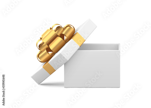 Tenderness white cute cardboard gift box golden glossy bow ribbon unpacking isometric 3d