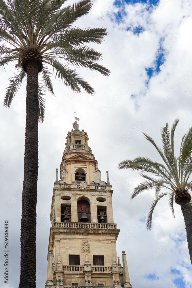 Bell tower in Córdoba and two palm trees with a cloudy sky