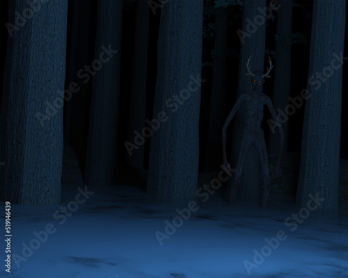 3d illustration of a tall emaciated figure with antlers standing a forest at night photo