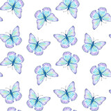 Meadow blue butterflies watercolor illustration seamless pattern on white.